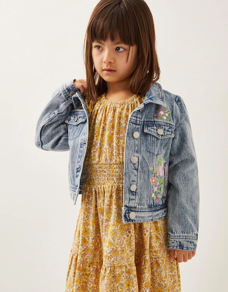 Girls Sequin Floral Embroidered Denim Jacket - Blue