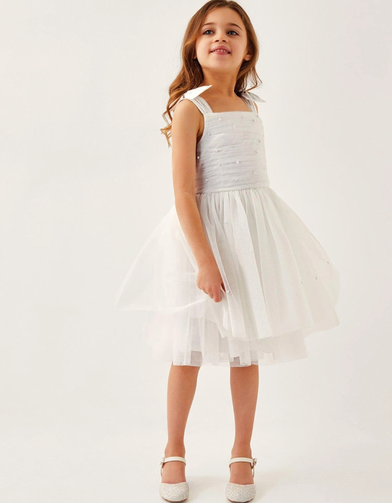 Girls Olivia Pearl Ruched Tulle Dress - Light Cream