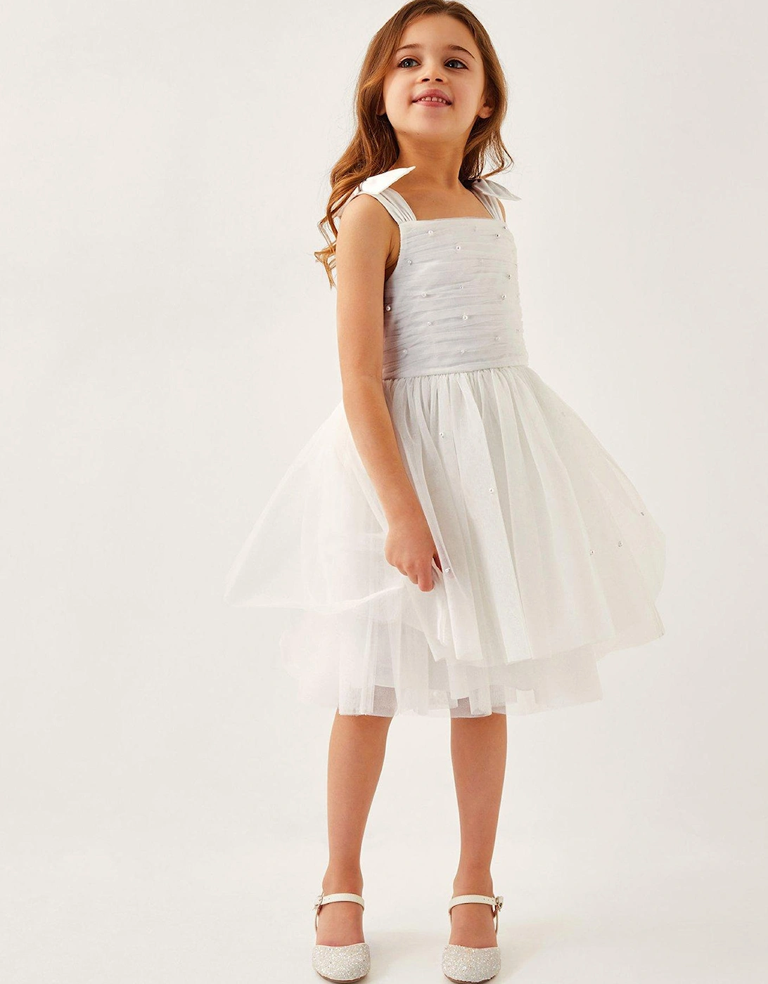 Girls Olivia Pearl Ruched Tulle Dress - Light Cream, 2 of 1