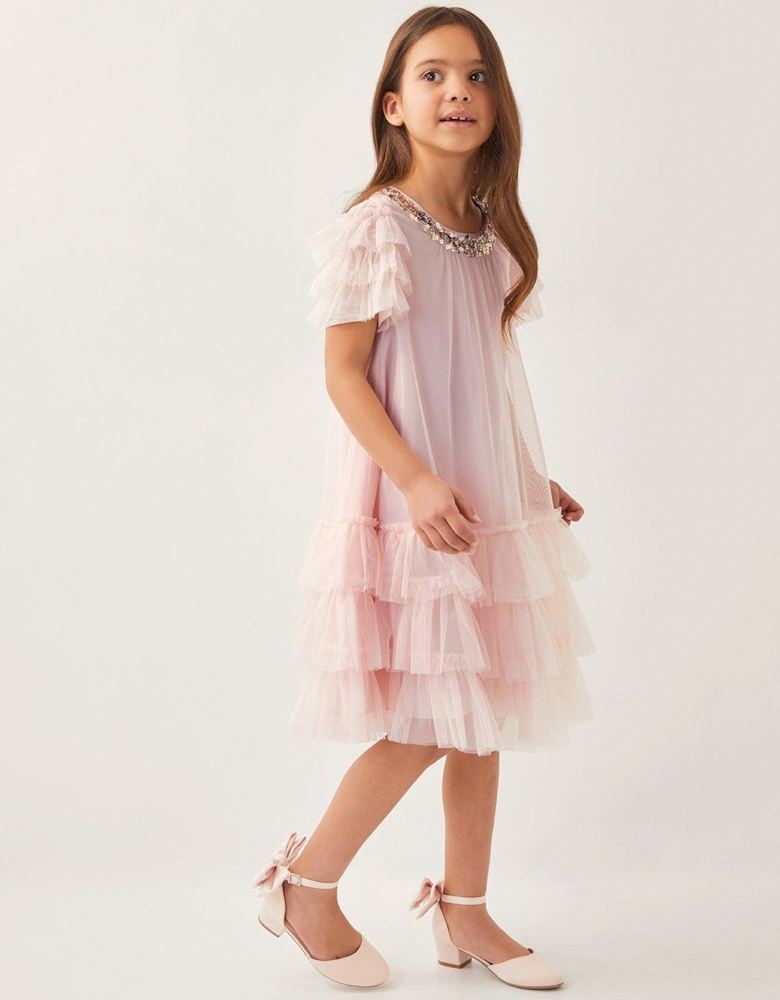 Girls Alexandria Sequin Ruffle Tulle Swing Dress - Light Pink