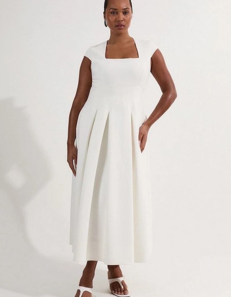 Plus Size Clean Tailored Square Neck Full Skirted Midi Dress