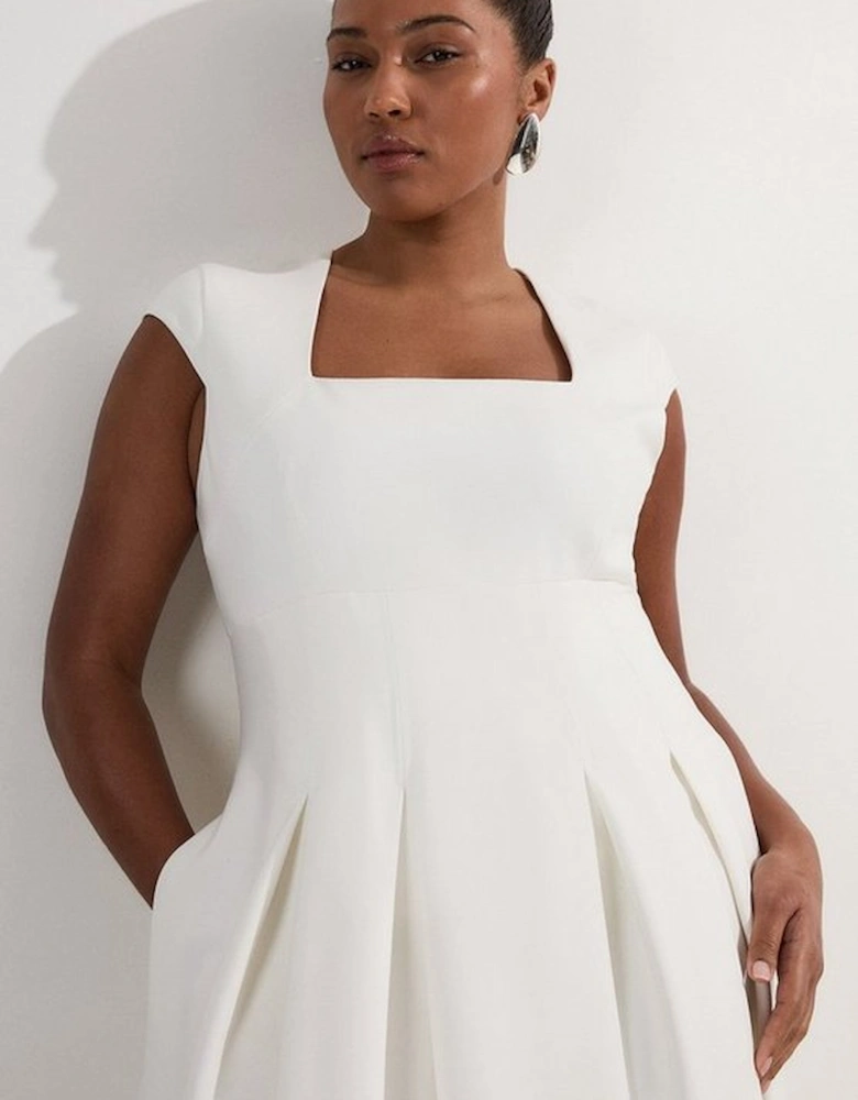 Plus Size Clean Tailored Square Neck Full Skirted Midi Dress