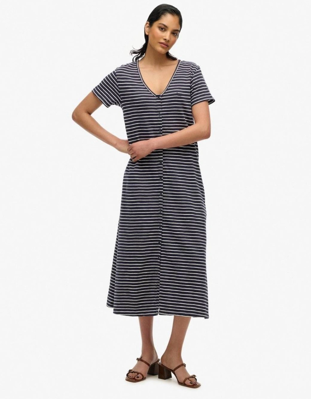 Women's Short Sleeve Button Thru Jersey Midi Navy Optic Stripe