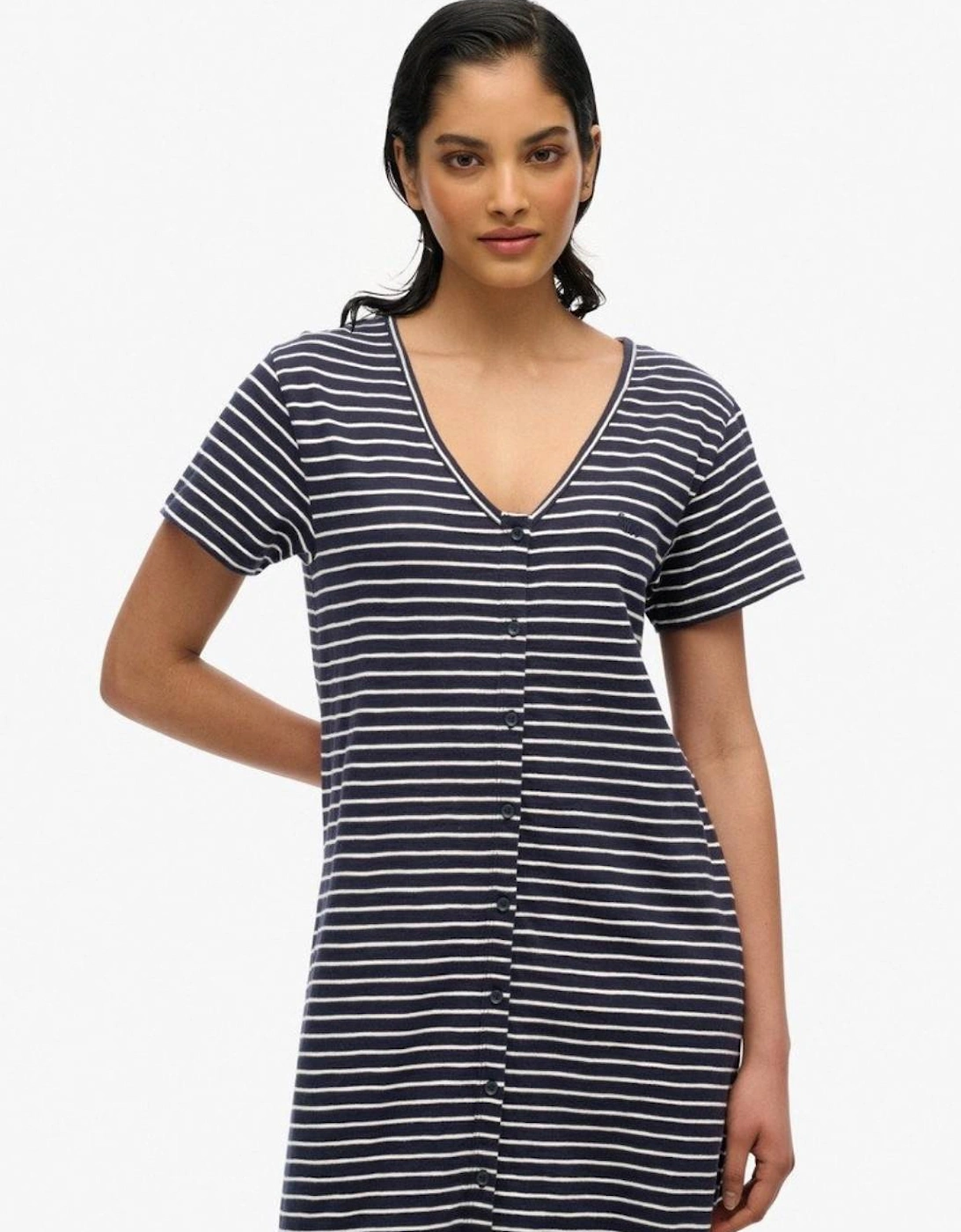 Women's Short Sleeve Button Thru Jersey Midi Navy Optic Stripe