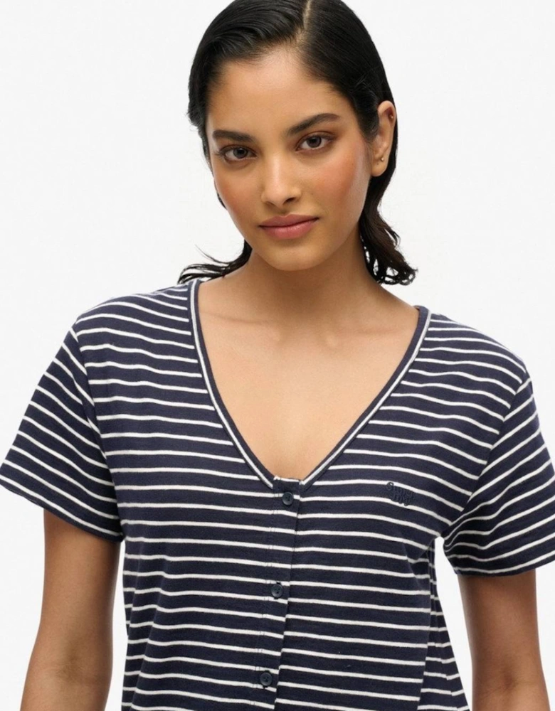 Women's Short Sleeve Button Thru Jersey Midi Navy Optic Stripe