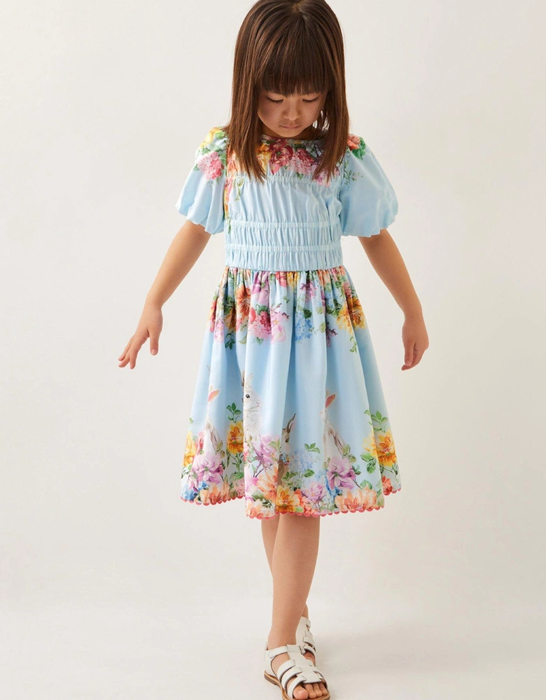 Girls Floral Bunny Short Sleeve Dress - Blue