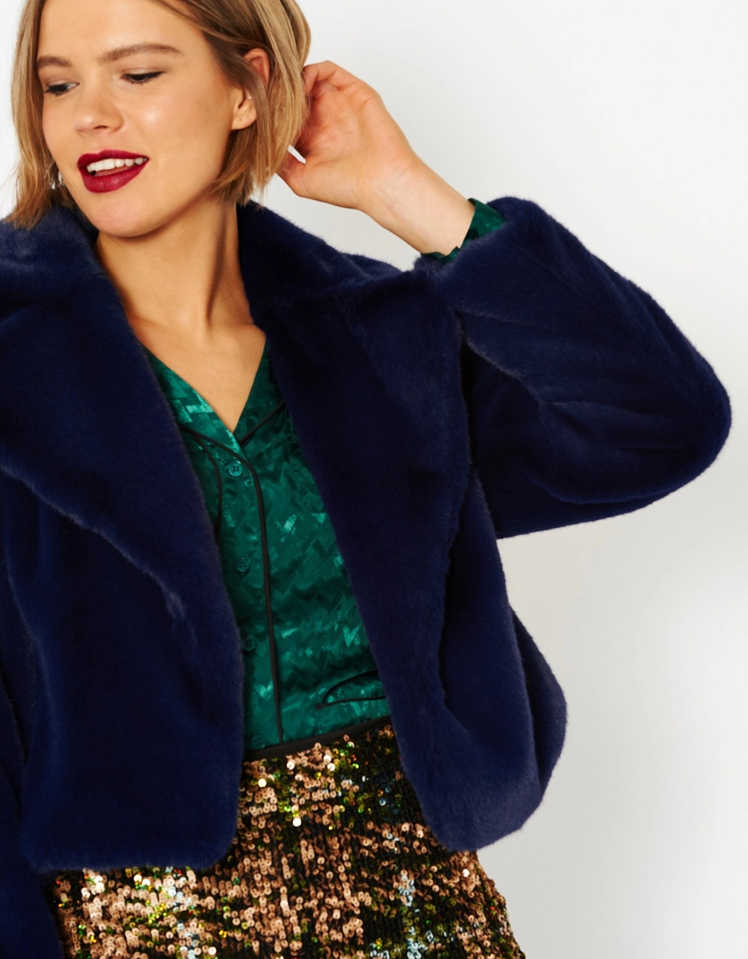 Navy Faux Fur Cropped Coat