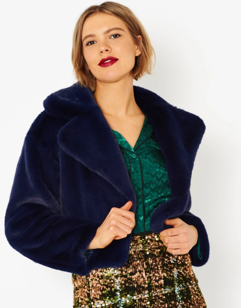 Navy Faux Fur Cropped Coat