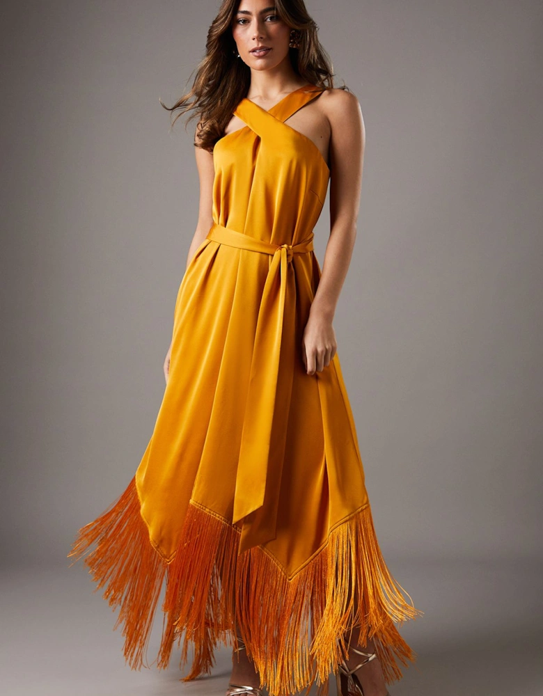 Fringe Asymmetric Hem Cross Neck Midi Dress