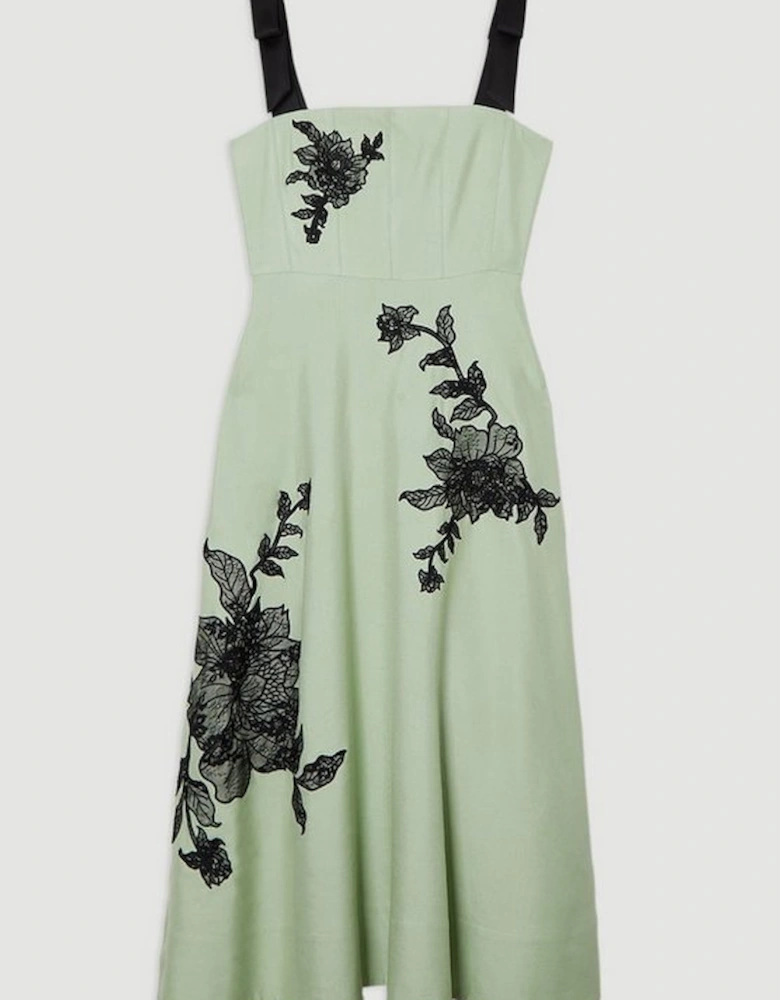 Viscose Linen Placed Floral Lace Embroidered Strappy Midi Dress