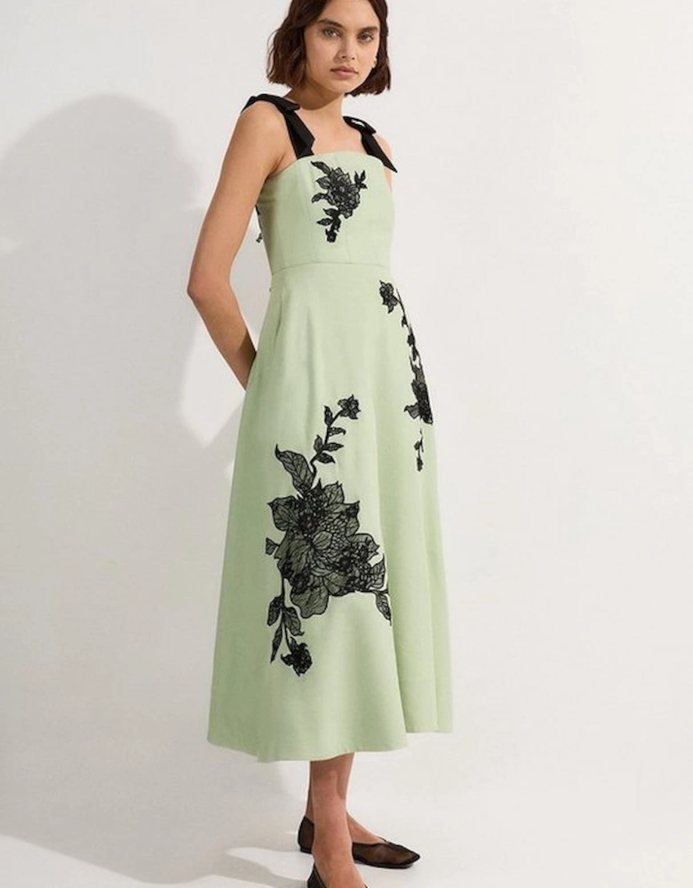 Viscose Linen Placed Floral Lace Embroidered Strappy Midi Dress