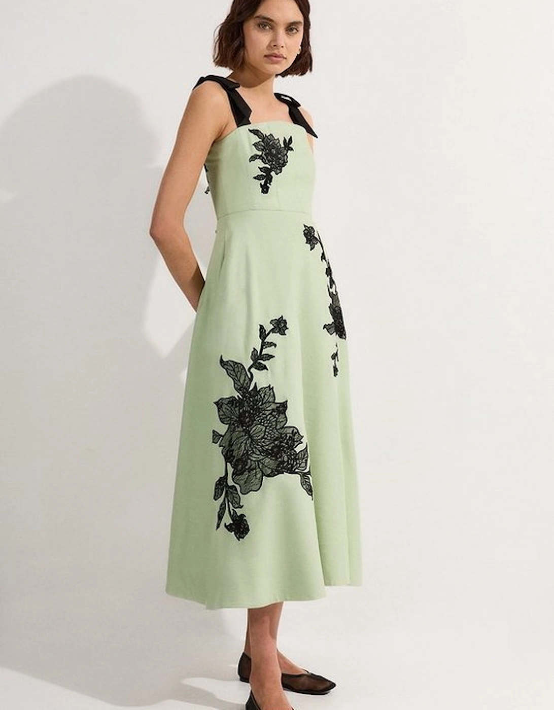 Viscose Linen Placed Floral Lace Embroidered Strappy Midi Dress, 5 of 4