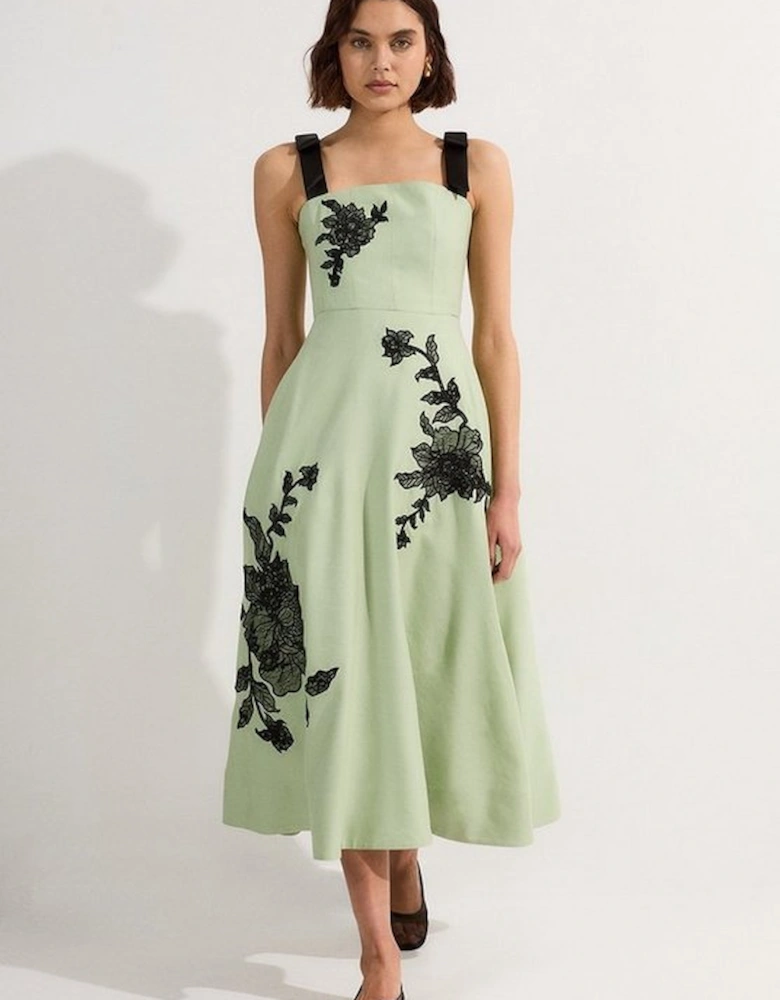 Viscose Linen Placed Floral Lace Embroidered Strappy Midi Dress