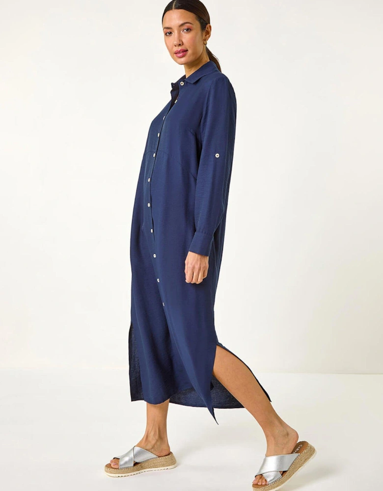 Button Through Shirt Midi Dress - Navy