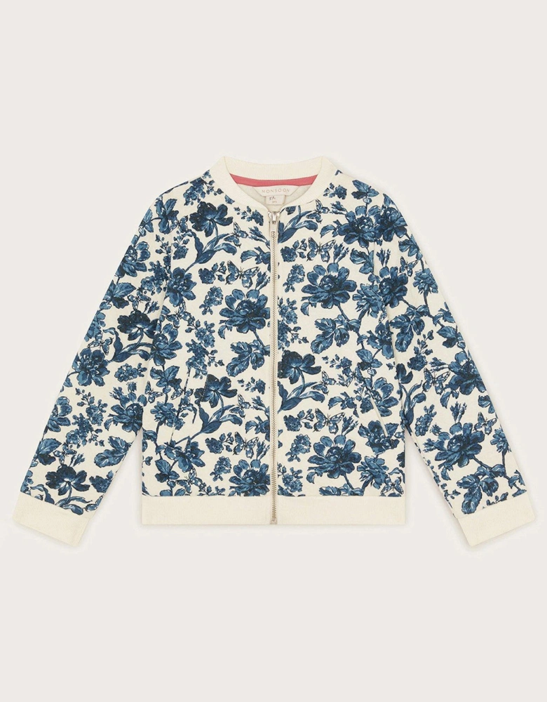 Girls Floral Quilted Bomber Jacket - White