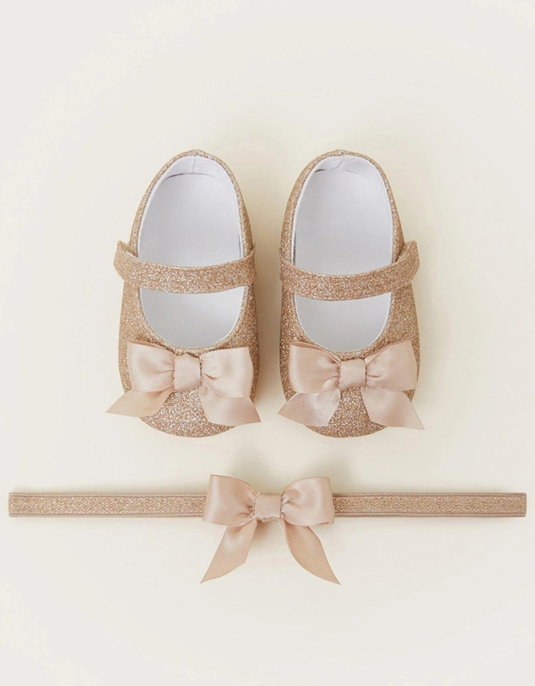 Baby Girls Glitter Bow Booties And Headband Set - Gold