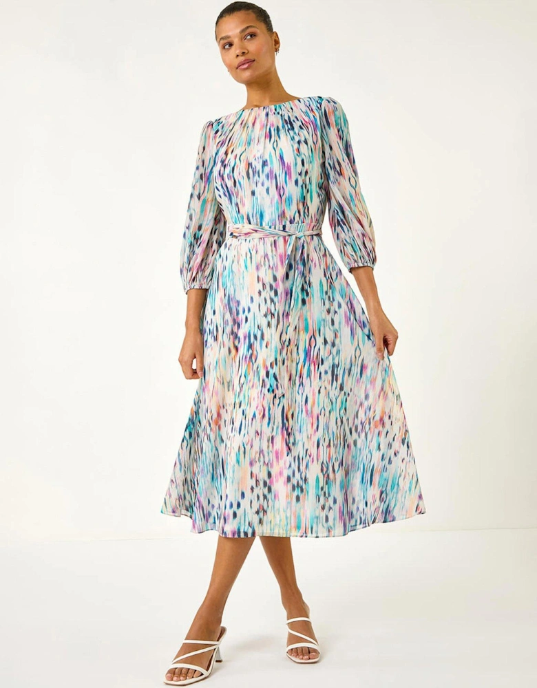 Blurred Print Pleat Neck Midi Dress