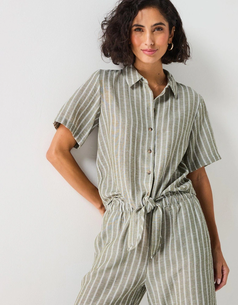 Knot Detail Short Sleeve Stripe Shirt - Green