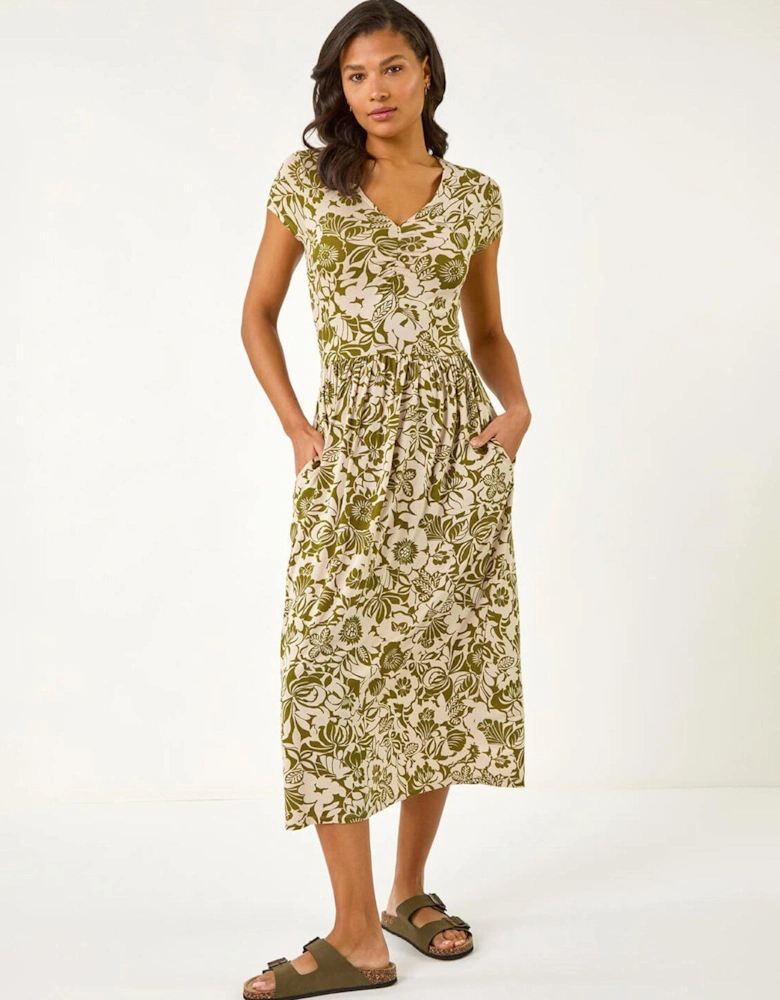 Floral Print Ruched Stretch Midi Dress - Khaki