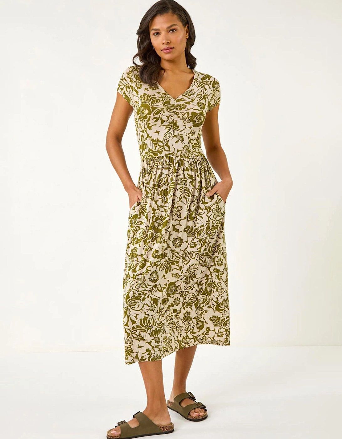 Floral Print Ruched Stretch Midi Dress - Khaki, 2 of 1