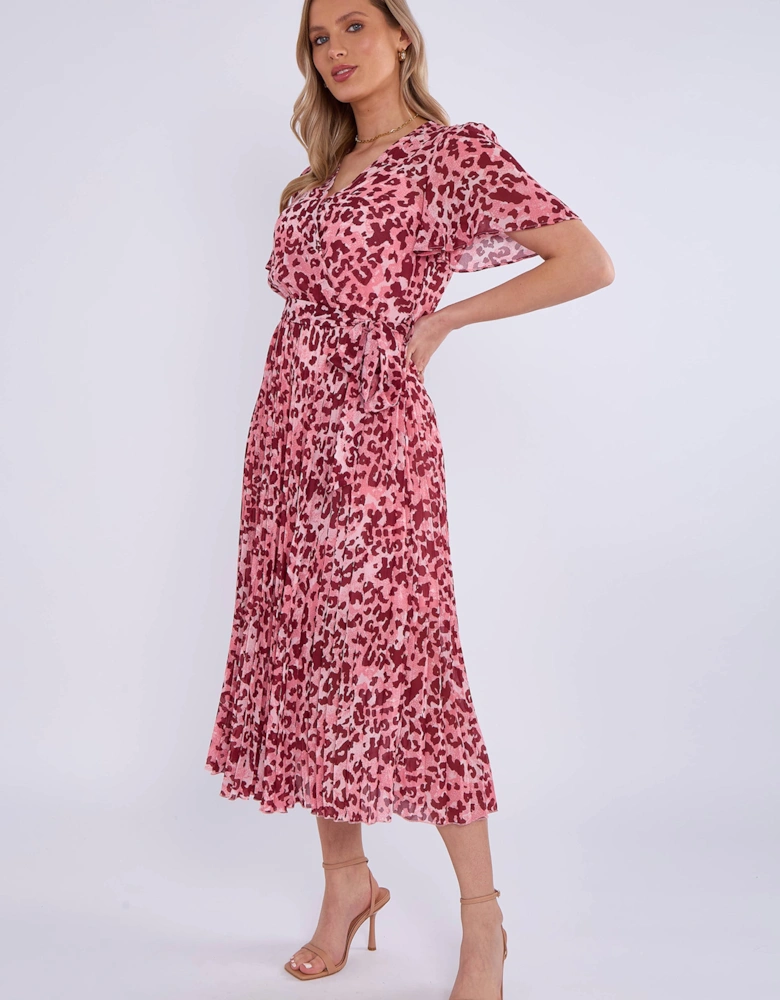 Pink Animal Print Wrap Pleated Midi Dress