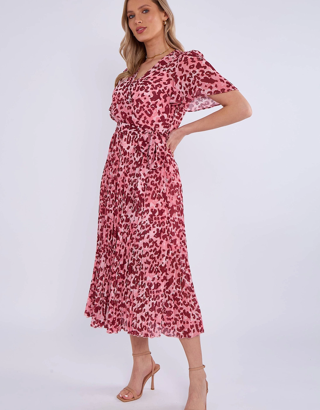 Pink Animal Print Wrap Pleated Midi Dress