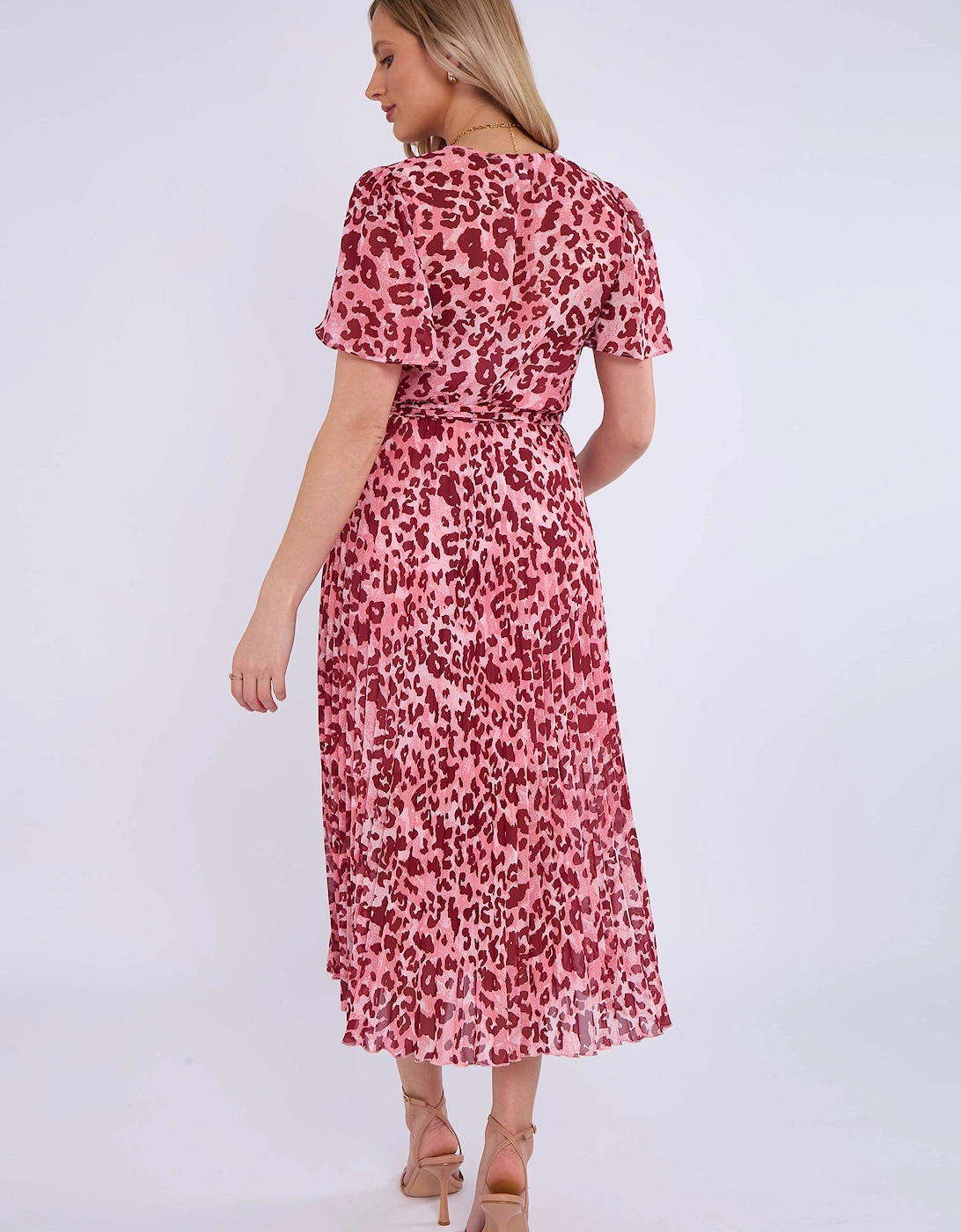 Pink Animal Print Wrap Pleated Midi Dress