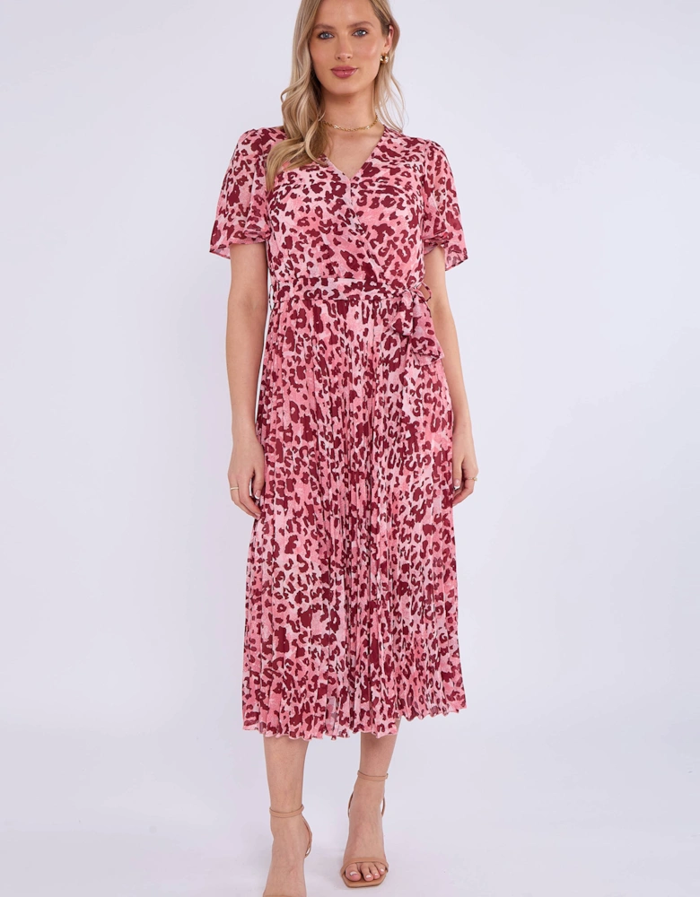 Pink Animal Print Wrap Pleated Midi Dress