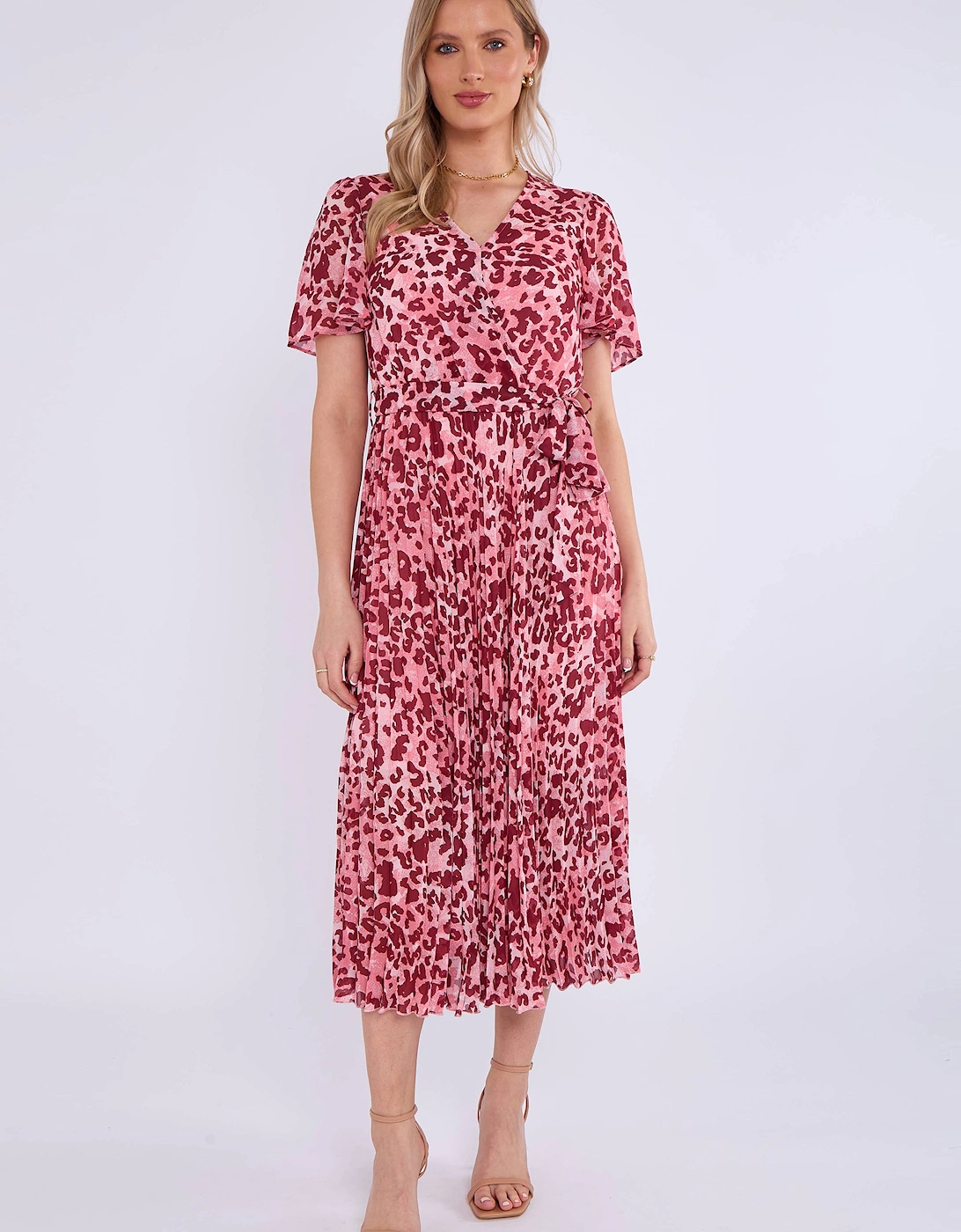 Pink Animal Print Wrap Pleated Midi Dress, 5 of 4