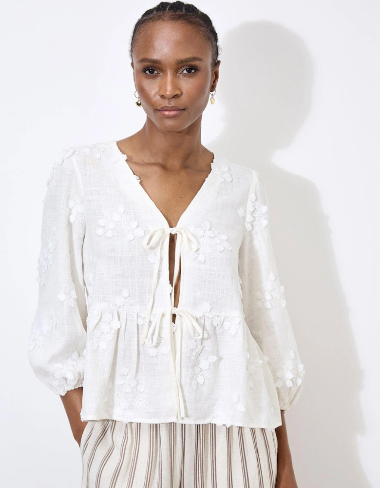 Tie Front Embroidered Linen Mix Top - White