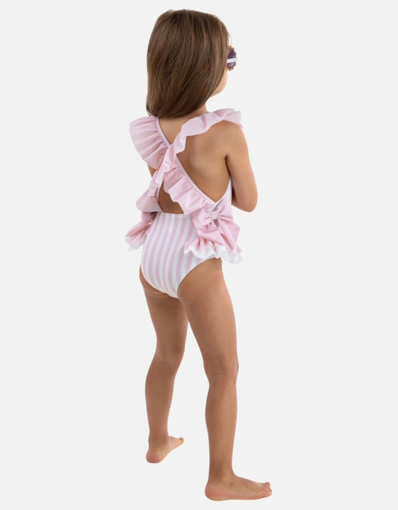 Girls Pink Stripe Frill Swimsuit