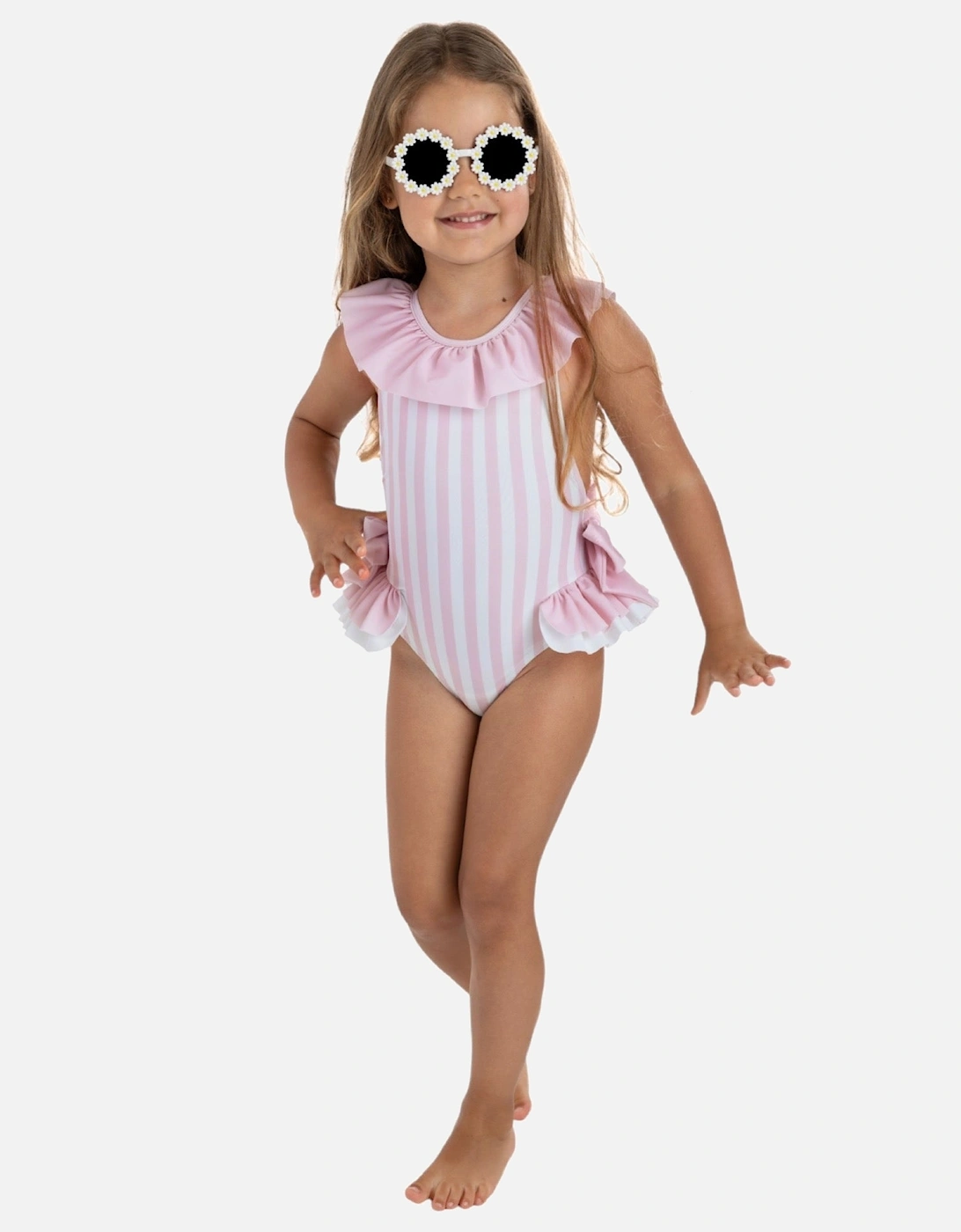 Girls Pink Stripe Frill Swimsuit