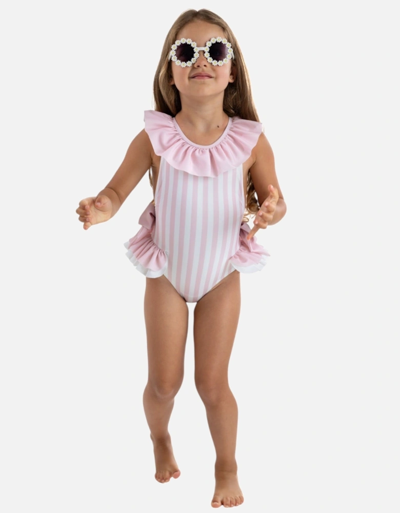 Girls Pink Stripe Frill Swimsuit