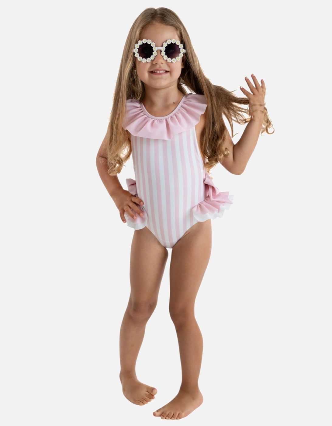 Girls Pink Stripe Frill Swimsuit