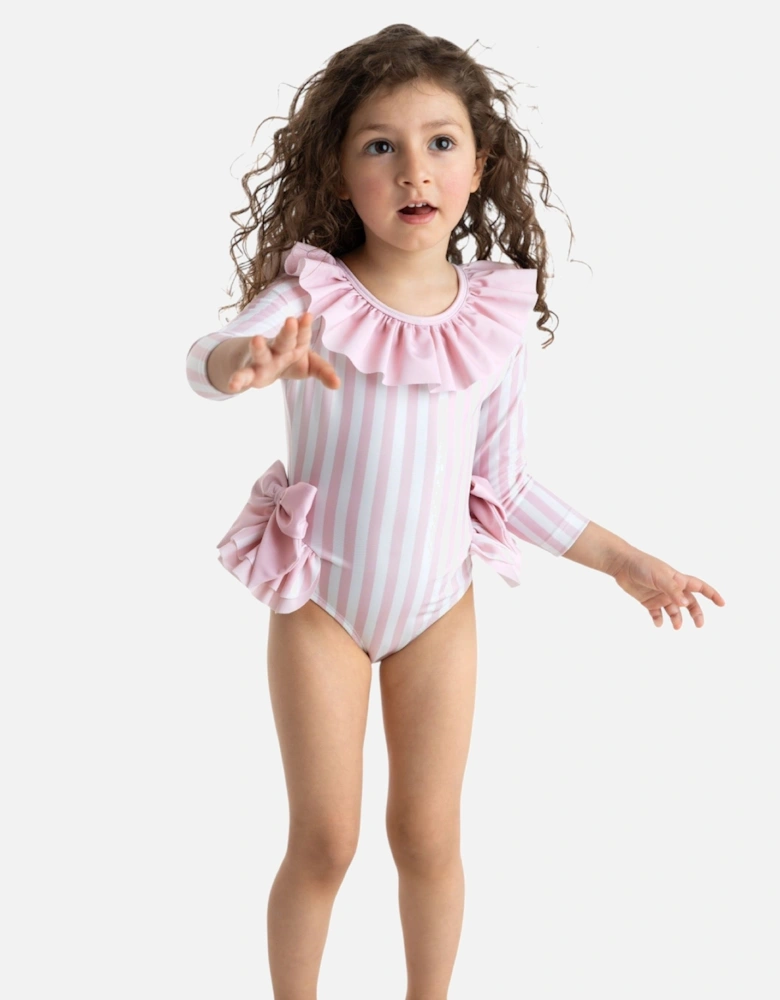 Girls Pink Stripe Long Sleeve Swimsuit