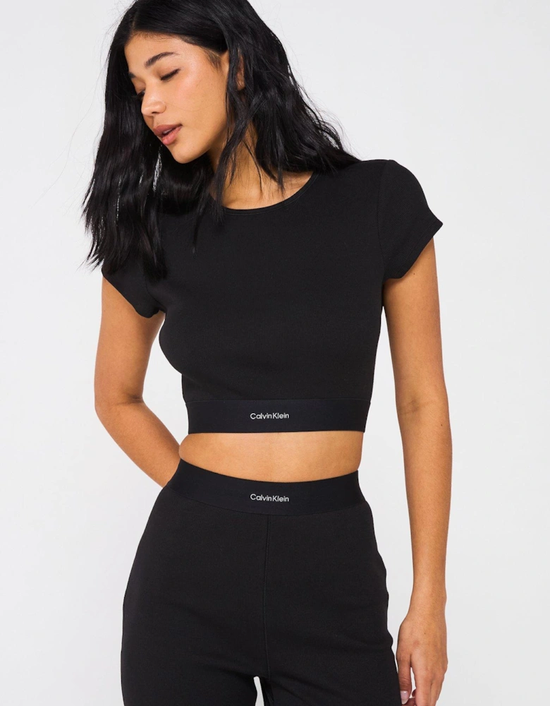 Cotton Stretch Ribbed Crop T-shirt - Black