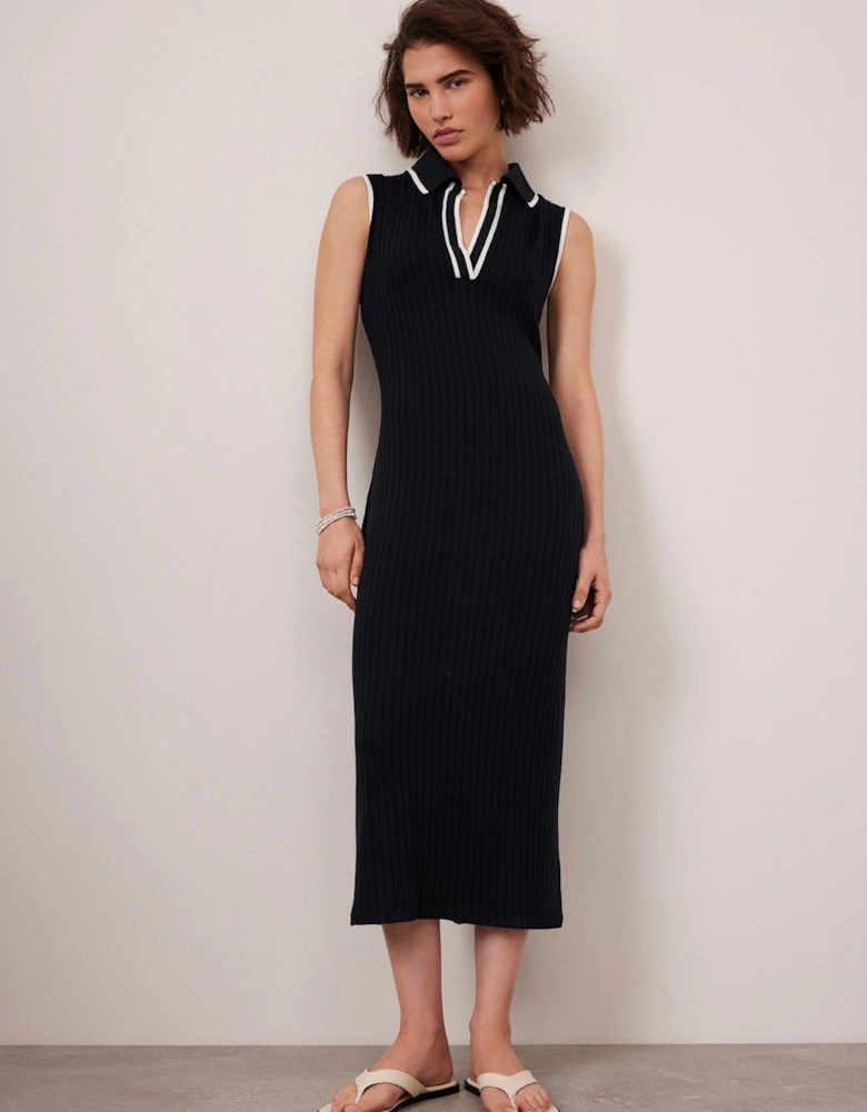 Navy Jersey Sleeveless Polo Midi Dress