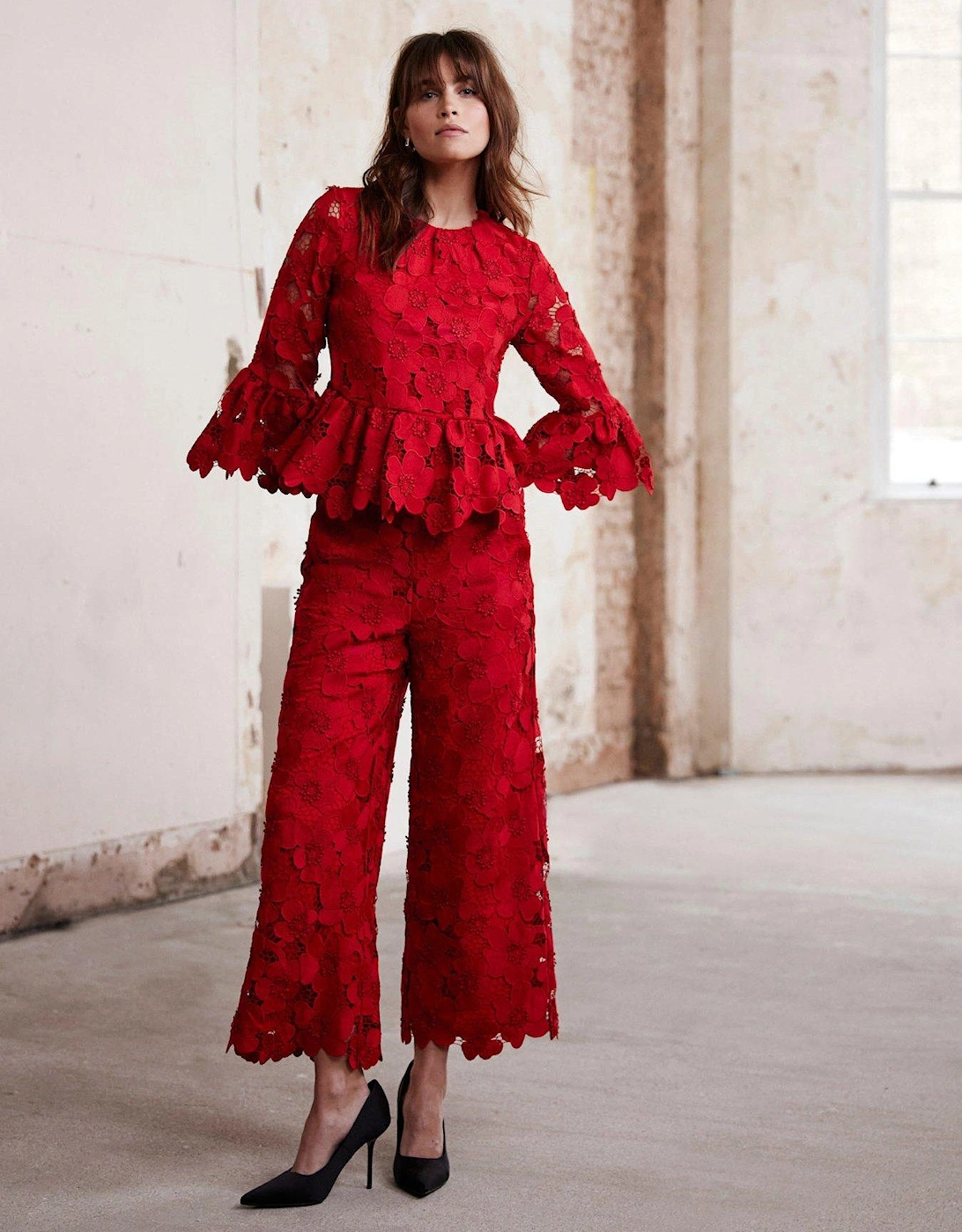 Red Lace Applique Cropped Trousers, 2 of 1