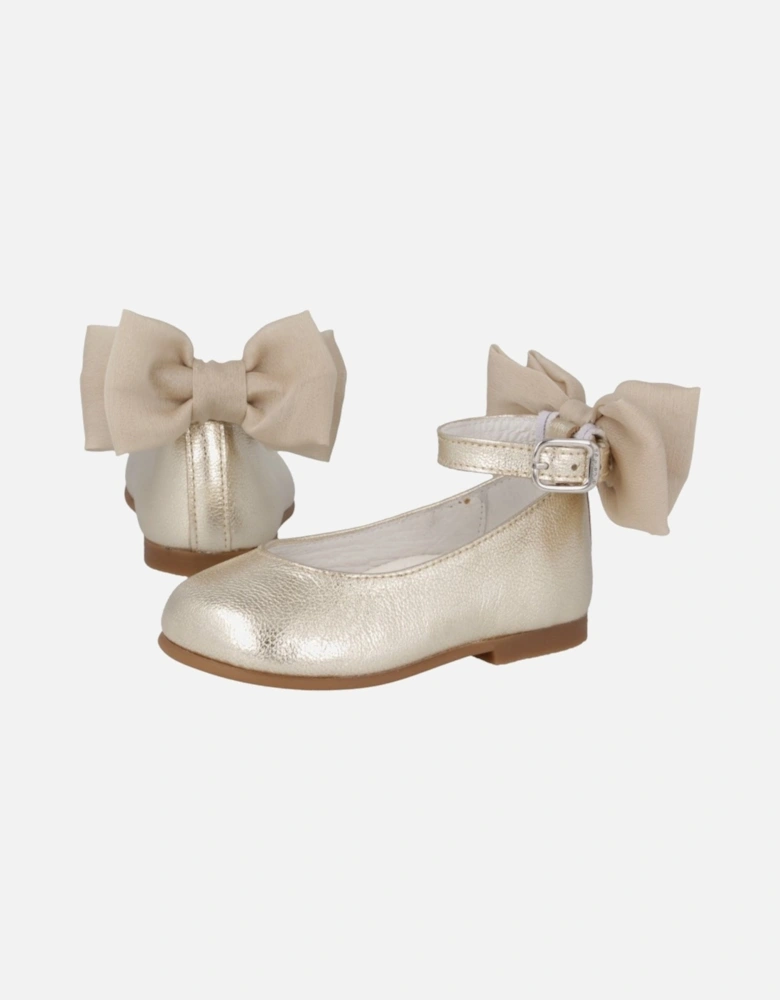 Girls Gold Leather Ankle Strap Bow Shoes