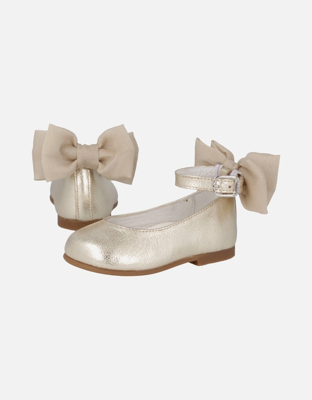 Girls Gold Leather Ankle Strap Bow Shoes, 2 of 1