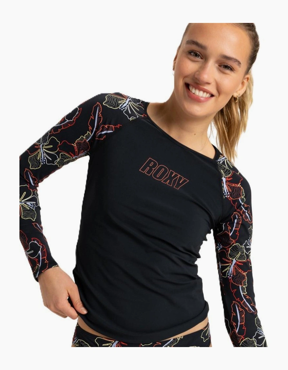 Roxy Women's Anthracite Athletic Hibiscus Active Long Sleeve Rash Vest - Size 10/8