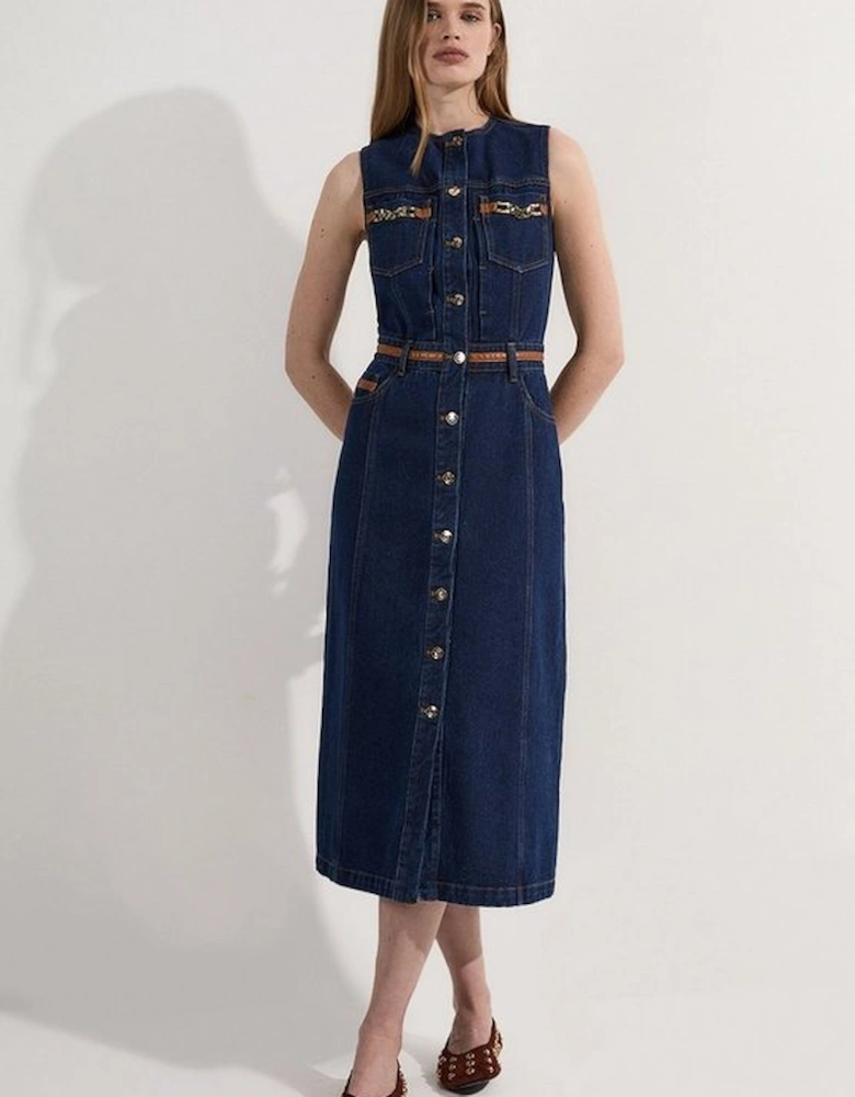 Denim & Faux Leather Tipping Sleeveless Midi Dress