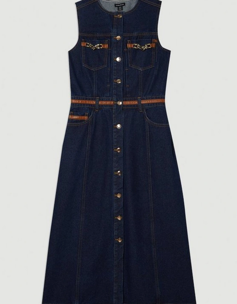 Denim & Faux Leather Tipping Sleeveless Midi Dress