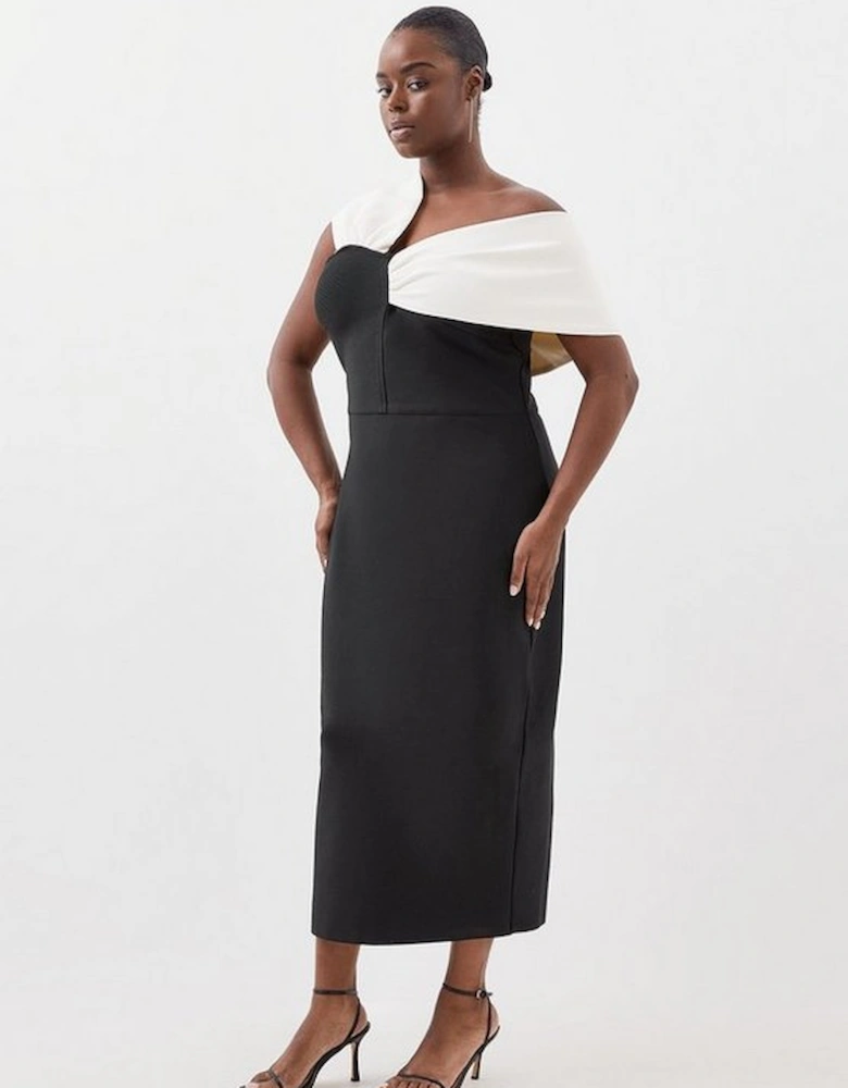 Plus Size Figure Form Bandage Knit Asymmetric Strap Midi Dress