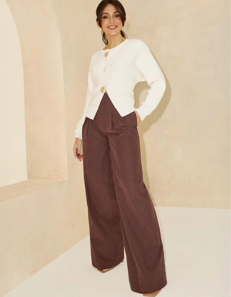 Waistband Wide Leg Trousers - Brown