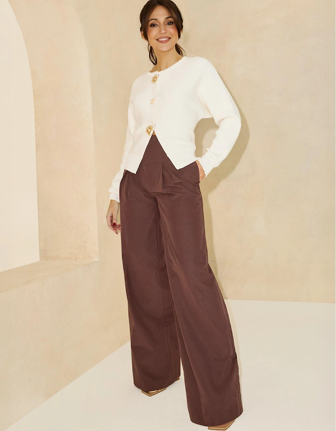 Waistband Wide Leg Trousers - Brown, 2 of 1