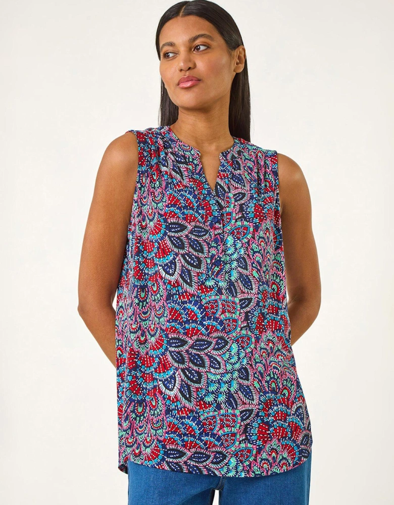 Abstract Print Stretch Vest Top - Blue