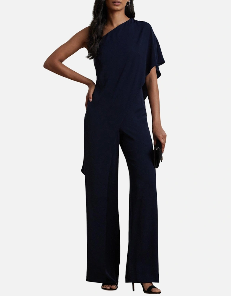 Cape Georgette One-Shoulder Jumpsuit - Navy