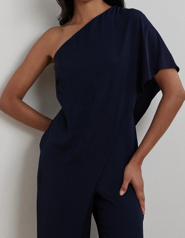 Cape Georgette One-Shoulder Jumpsuit - Navy