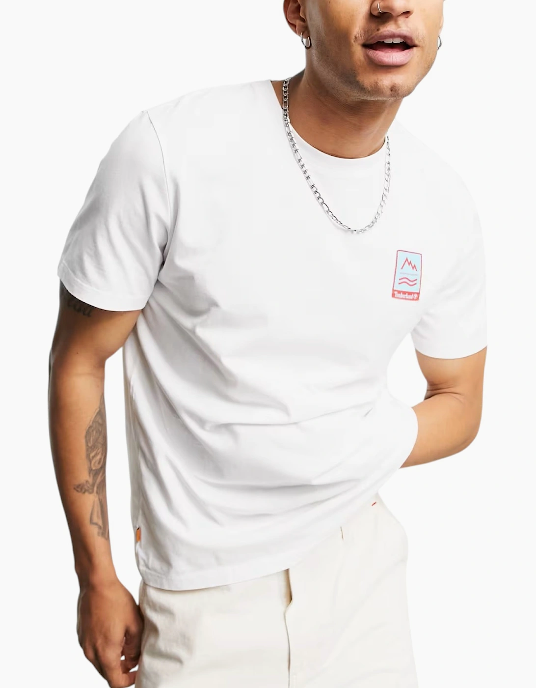 Timberland Men's Timberland A2DV3 Back Print Mens T Shirts Crew Neck Pullover Casual Cotton New - White